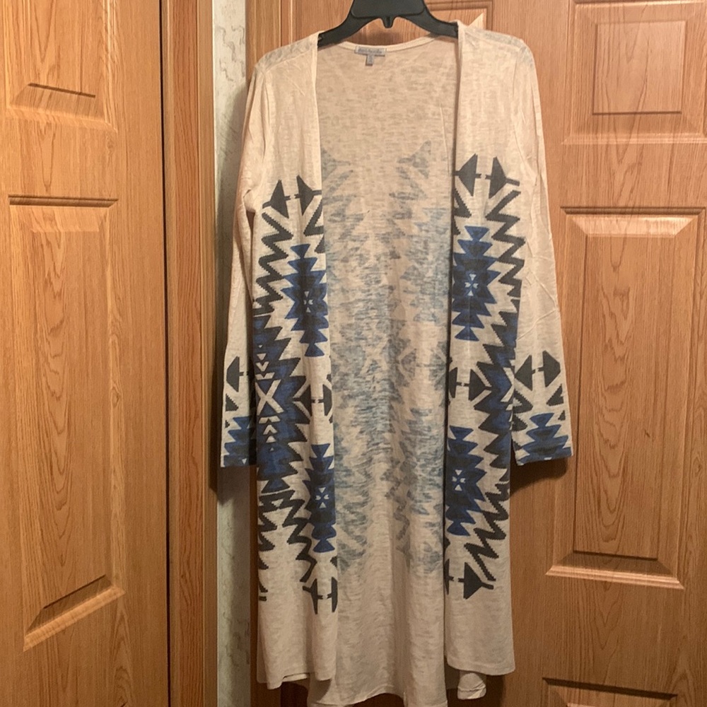 Charlotte Russe Cream Long Open-Front Cardigan with Blue & Black Aztec Print